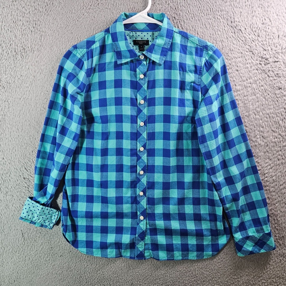 Talbots Shirt Top Women Size P Petite Flip Cuff Long Sleeve Blue‎ Green Plaid